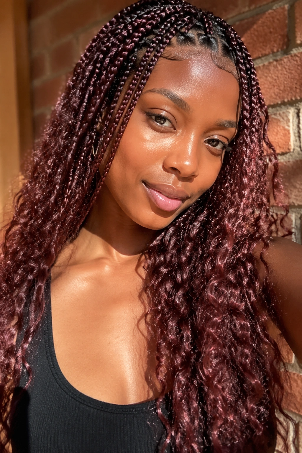 Close-up portrait of burgundy-brown boho box braids on a real person