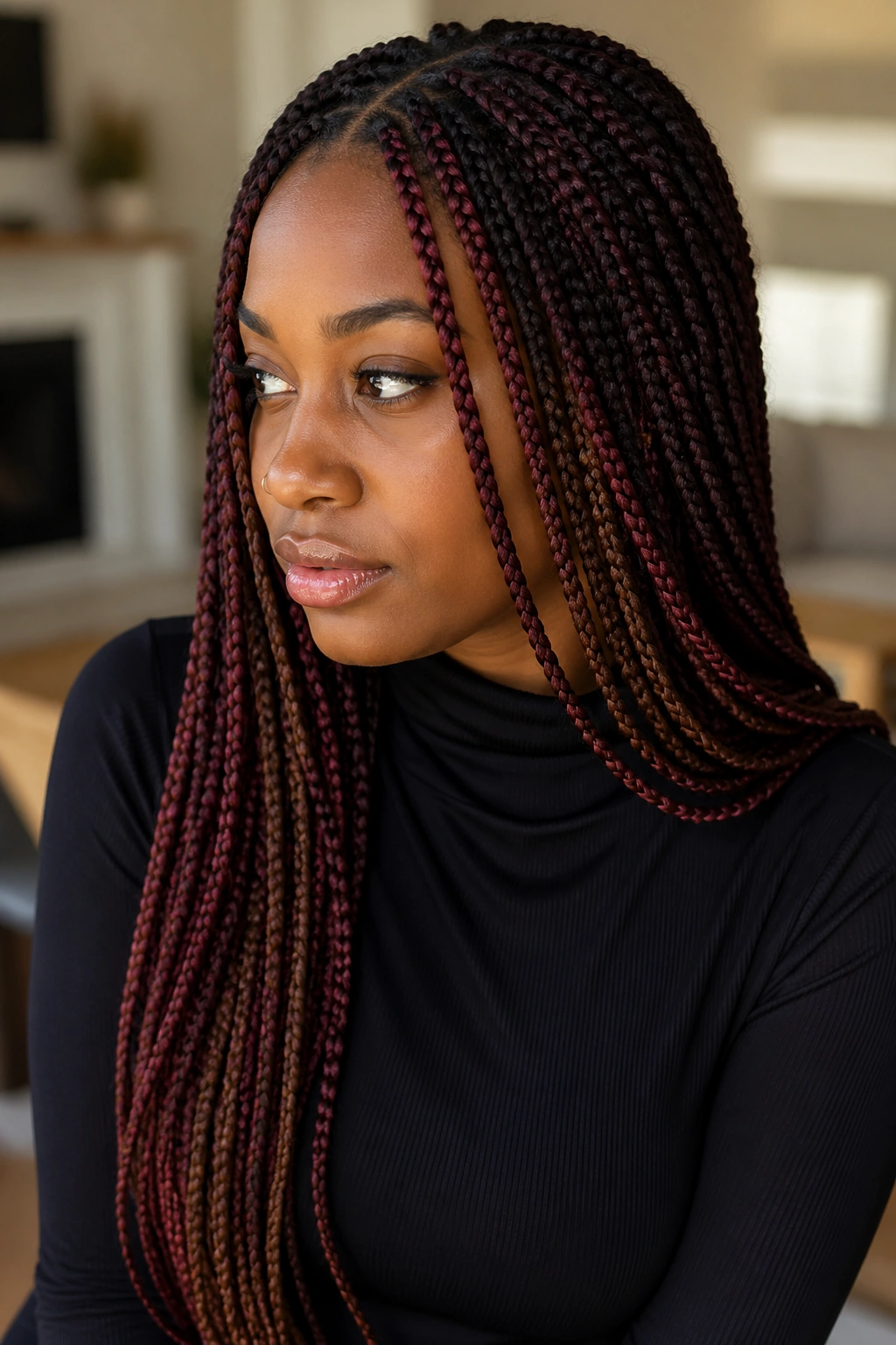 Close-up of a real woman with burgundy-brown peekaboo knotless box braids in warm light