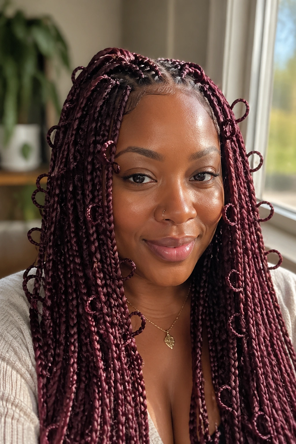 Close-up of a real woman with burgundy butterfly braids in natural window light