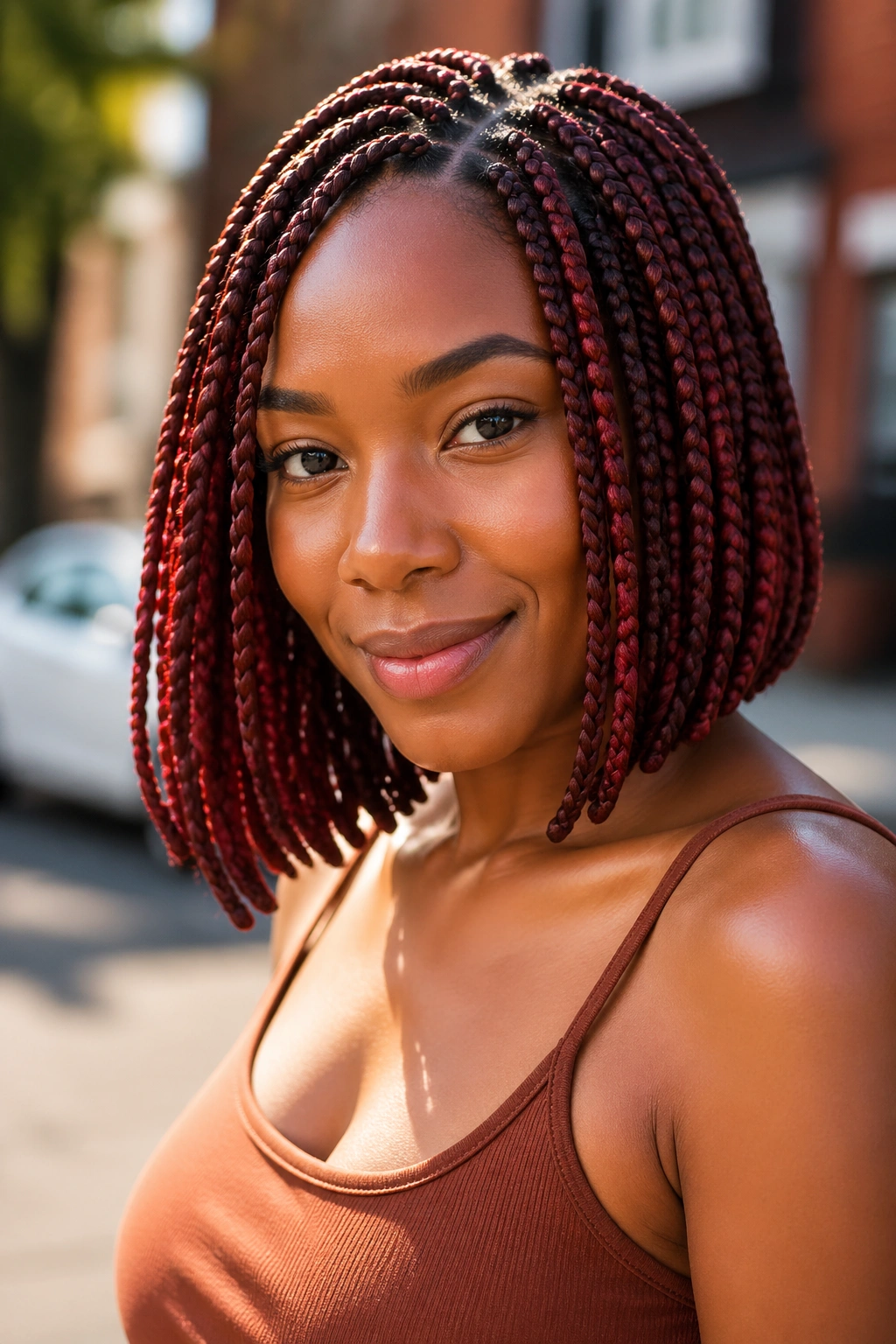 Real woman with burgundy copper bob-length box braids outdoors