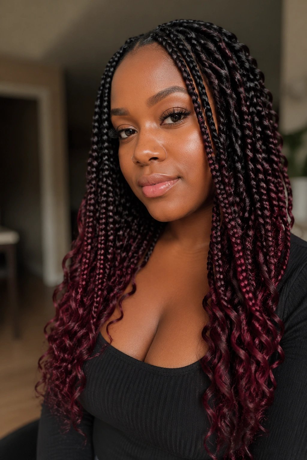 Close-up of burgundy-ended goddess box braids on a real woman