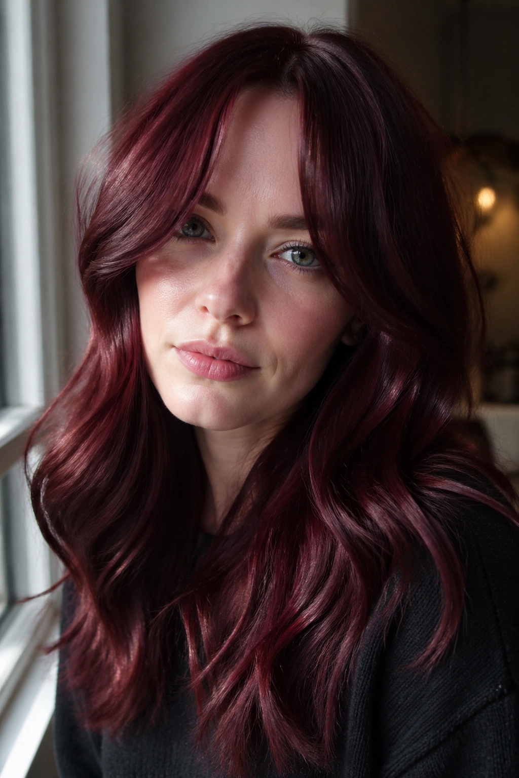 Close-up Burgundy Gloss hair framing pale skin with high shine