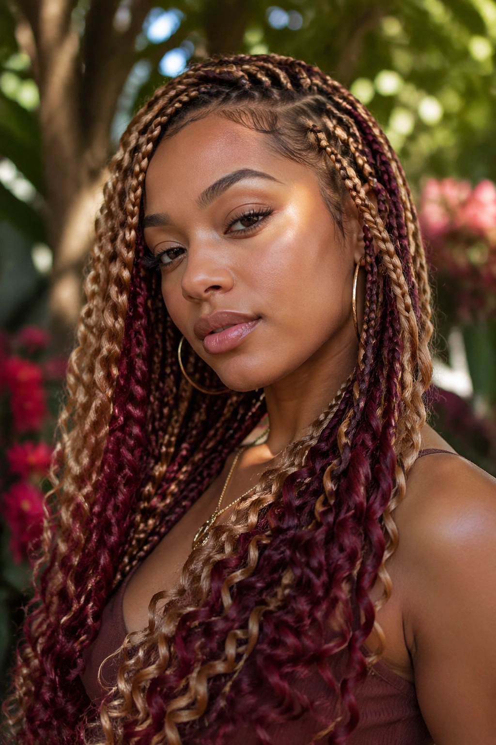 Real woman with burgundy and honey blonde goddess braids in natural light