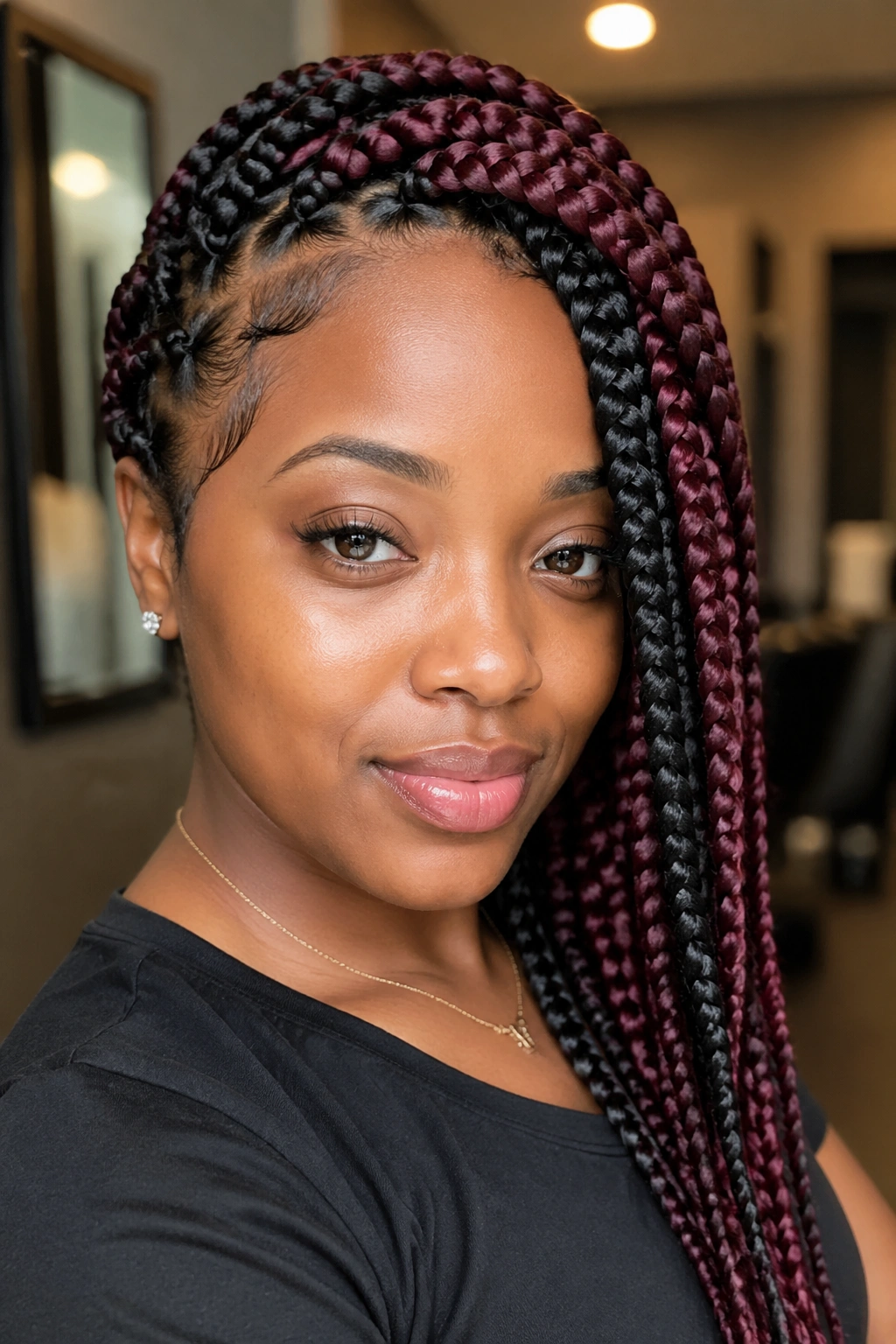 Real person with burgundy and jet-black jumbo braids swept over one shoulder