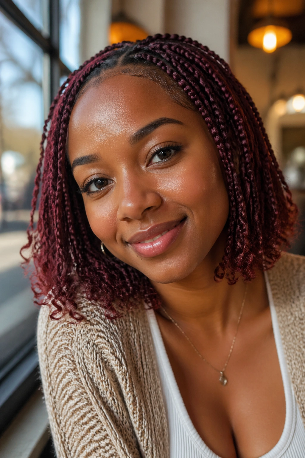 Close-up of real person with burgundy or honey-brown knotless braids showing even color from root to tip