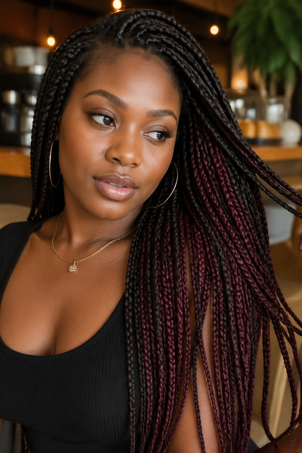 Real person shows burgundy peekaboo layers under darker top braids