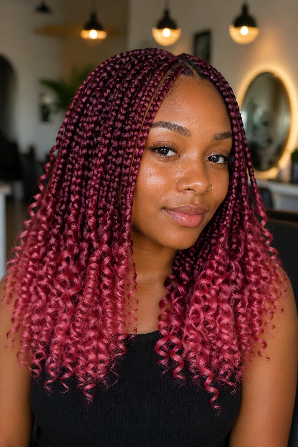 Close-up portrait of a real person with burgundy-to-pink knotless box braids and soft barrel curls.