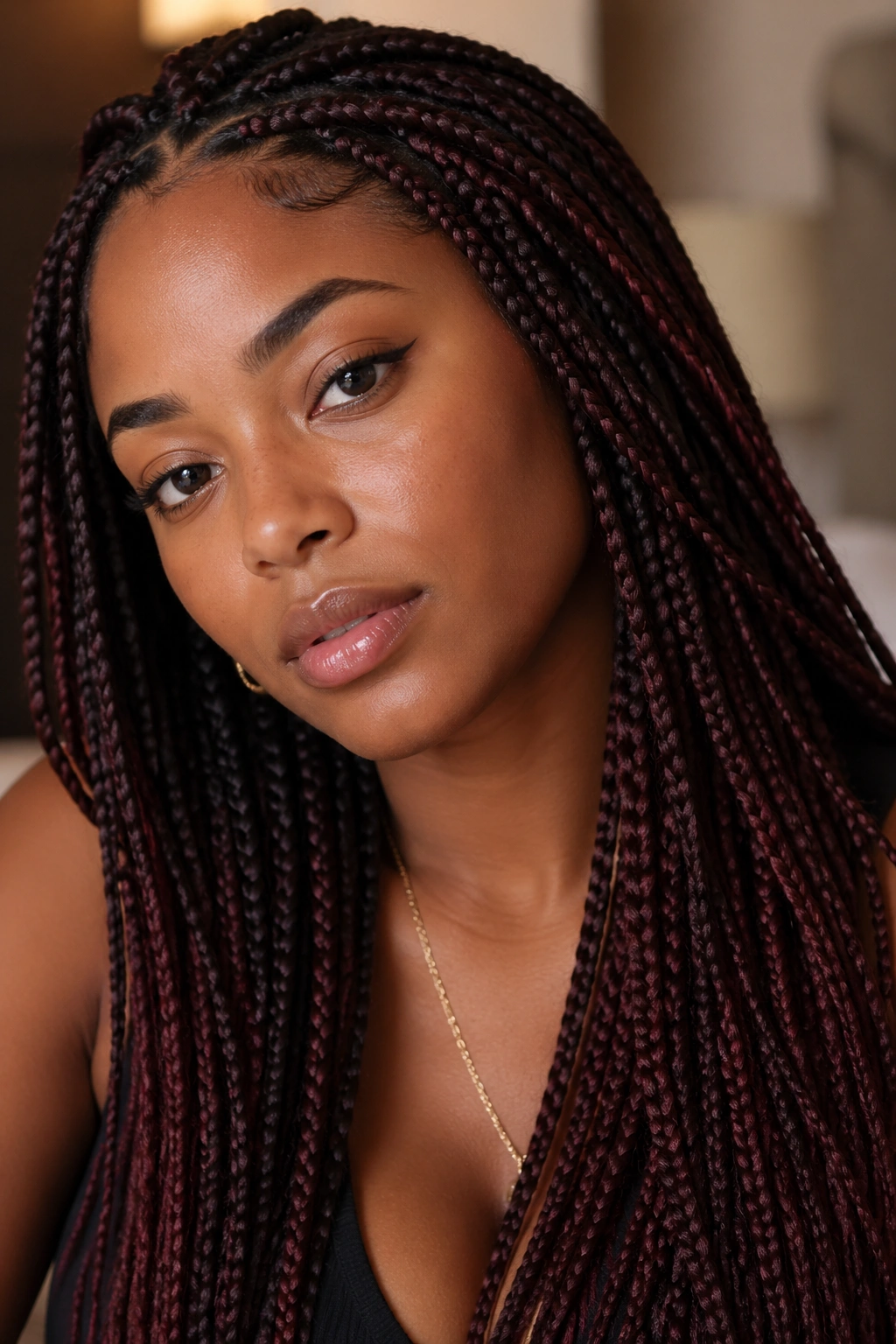 Close-up of a real woman with rich brown braids and burgundy undertones in warm indoor light