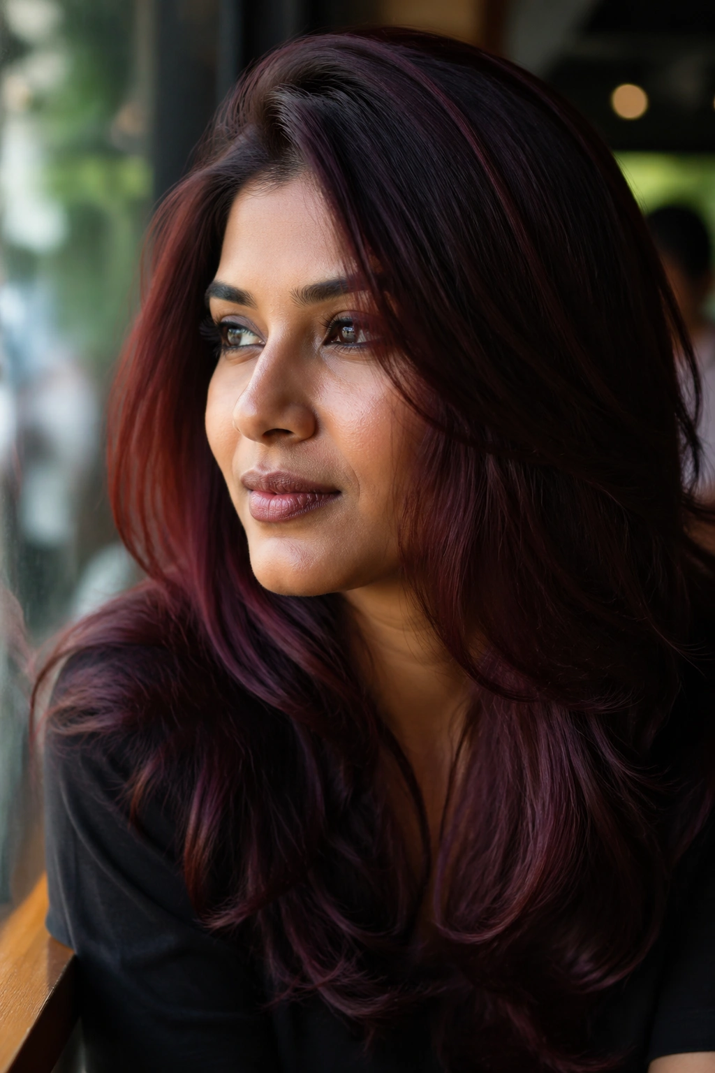 Close-up portrait of Burgundy Wine hair in a moody cafe setting