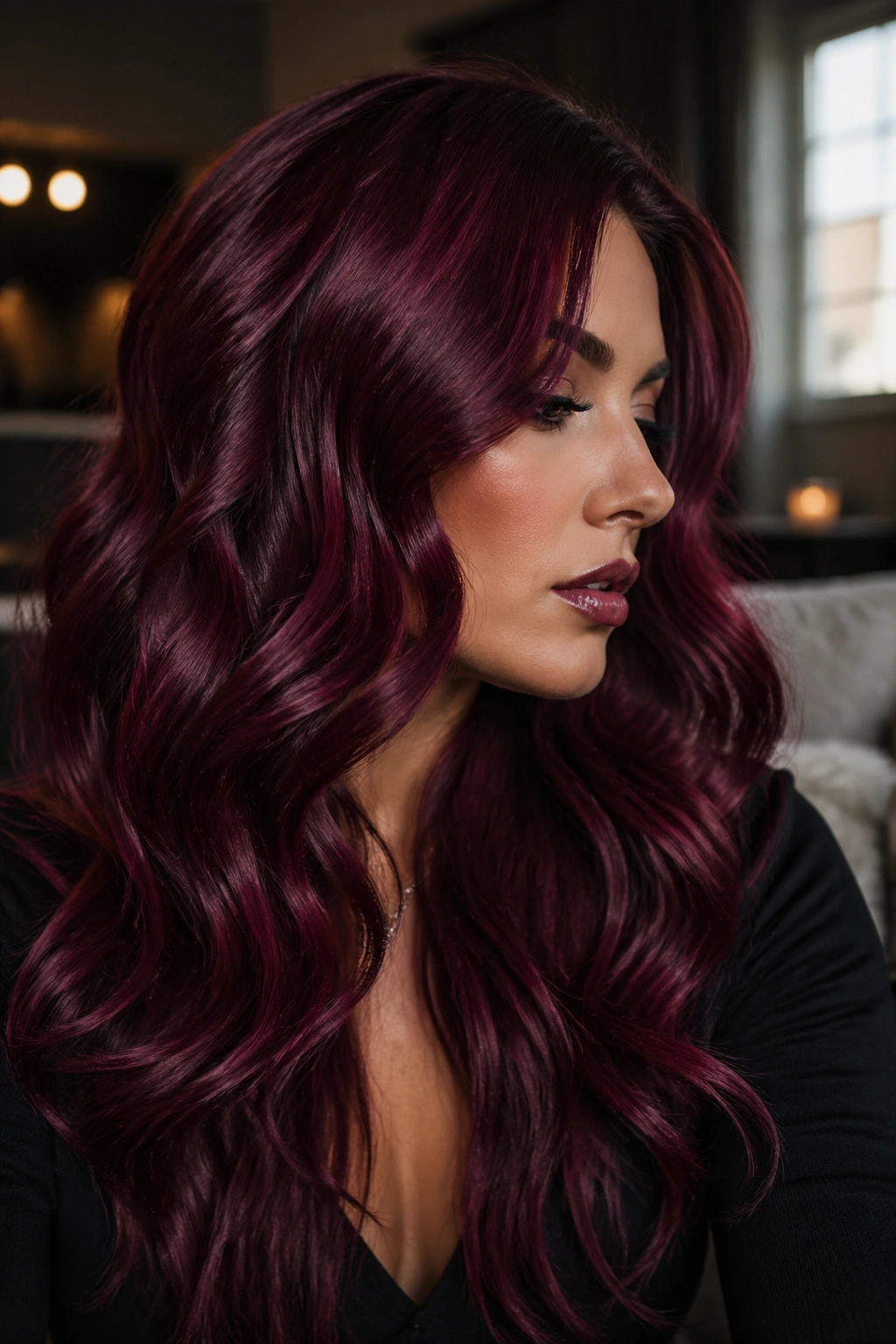 Portrait of a person with burgundy wine waves hair