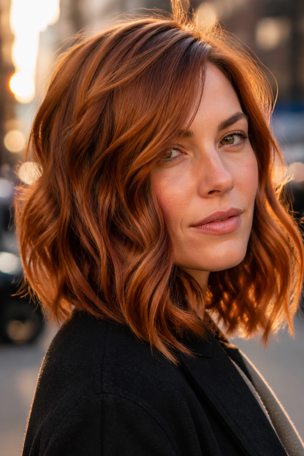 Close-up of a real person with burnished copper waves in golden-hour street lighting