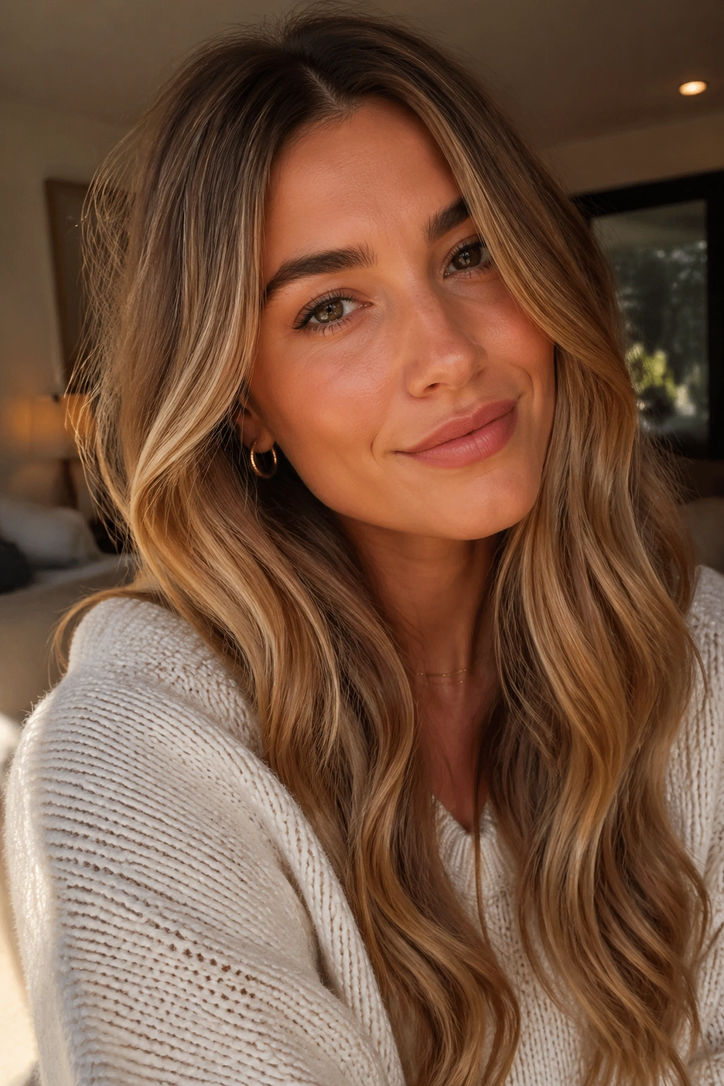 Close-up portrait of a real person with burnished honey blonde hair in warm light