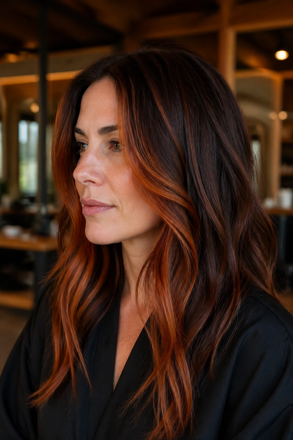 Close-up portrait of a real woman showing burnt orange balayage on brunette hair with face-framing ribbons.