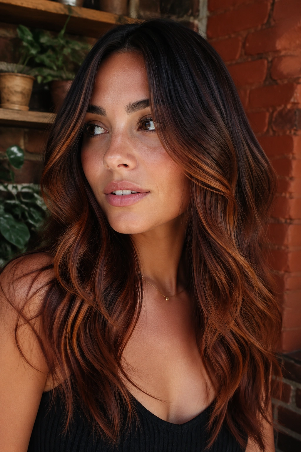 Close-up of a real woman with burnt sienna balayage on brunette hair in warm fall light