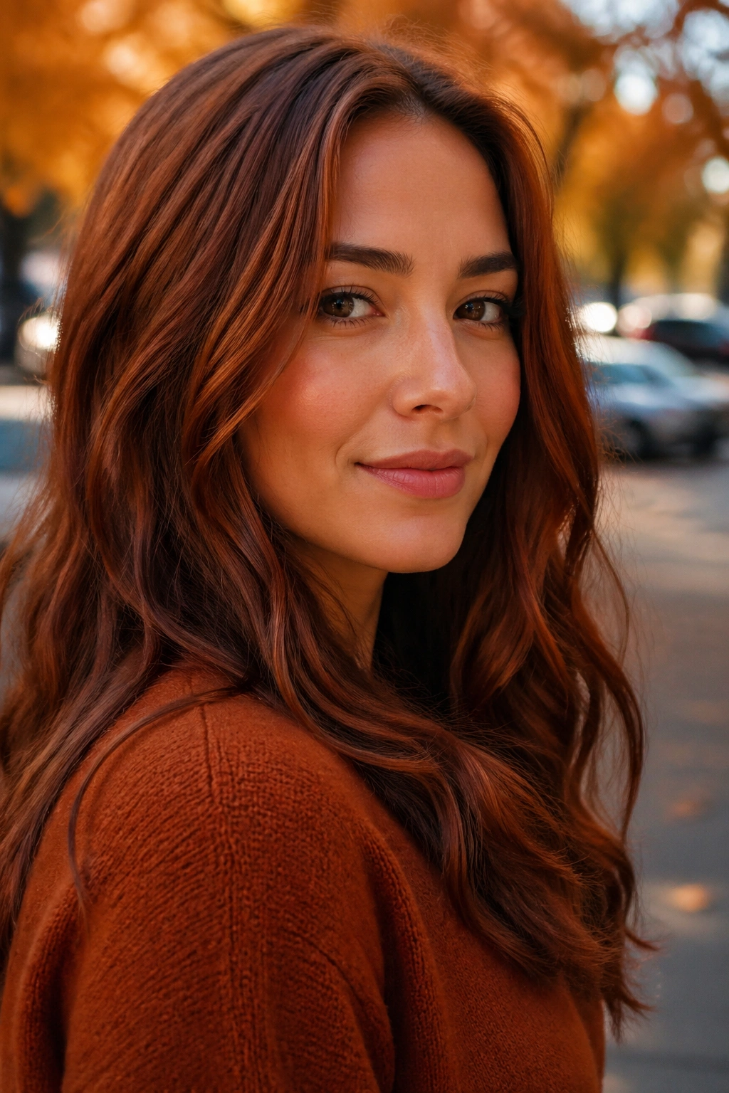Close-up of a real woman with burnt sienna brown hair and earthy reddish warmth.