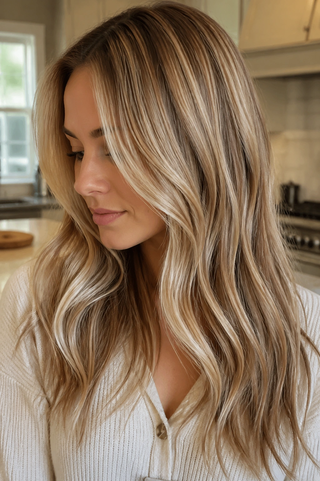 Close-up of a real woman with butter blonde hair and chestnut lowlights in a warm kitchen