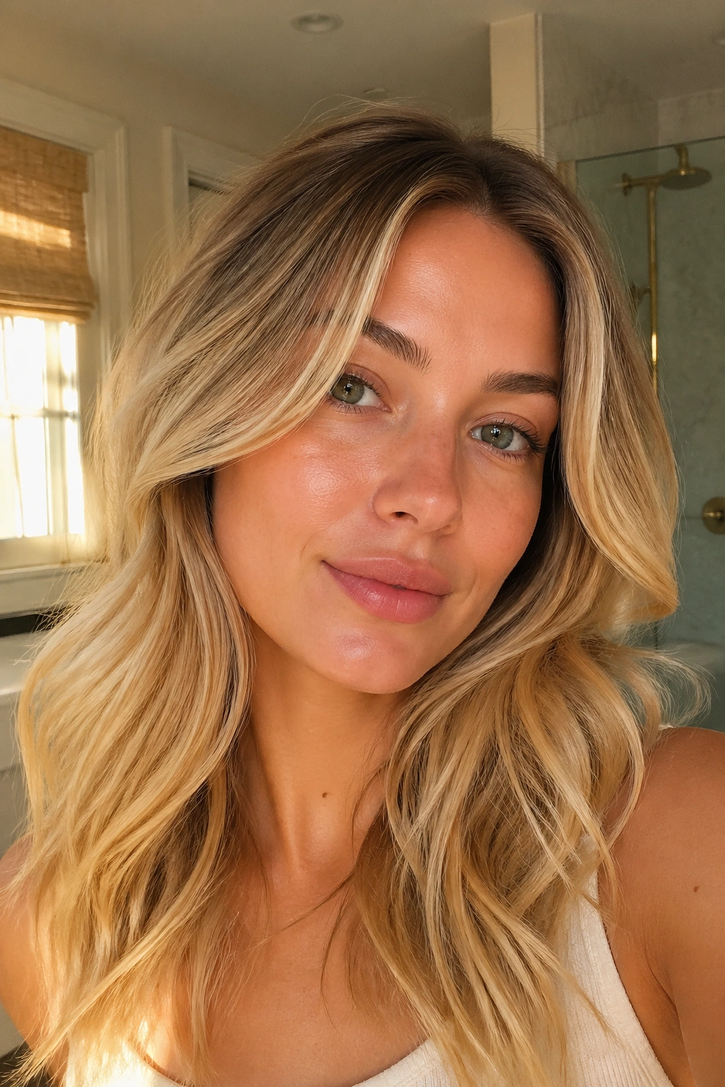 Close-up of butter blonde melt with root melt on real hair