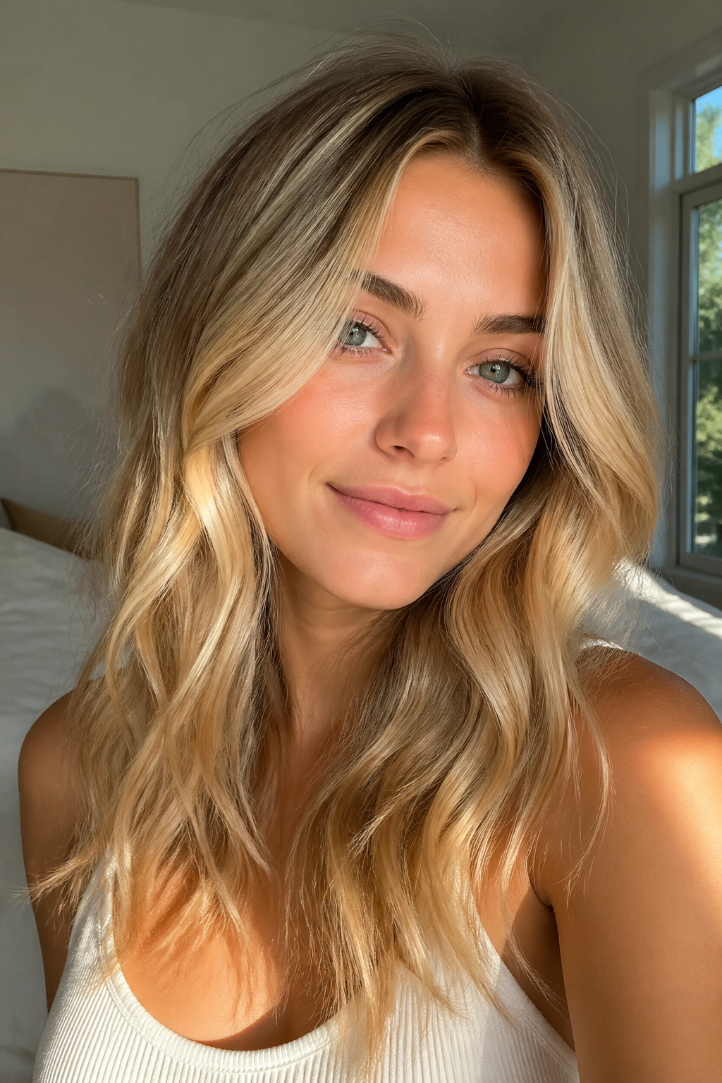 Close-up portrait of a real person with buttercream blonde hair and soft root shadow in warm sunlight