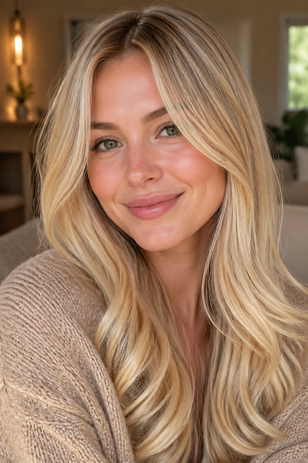 Close-up of real woman with buttercream blonde hair.