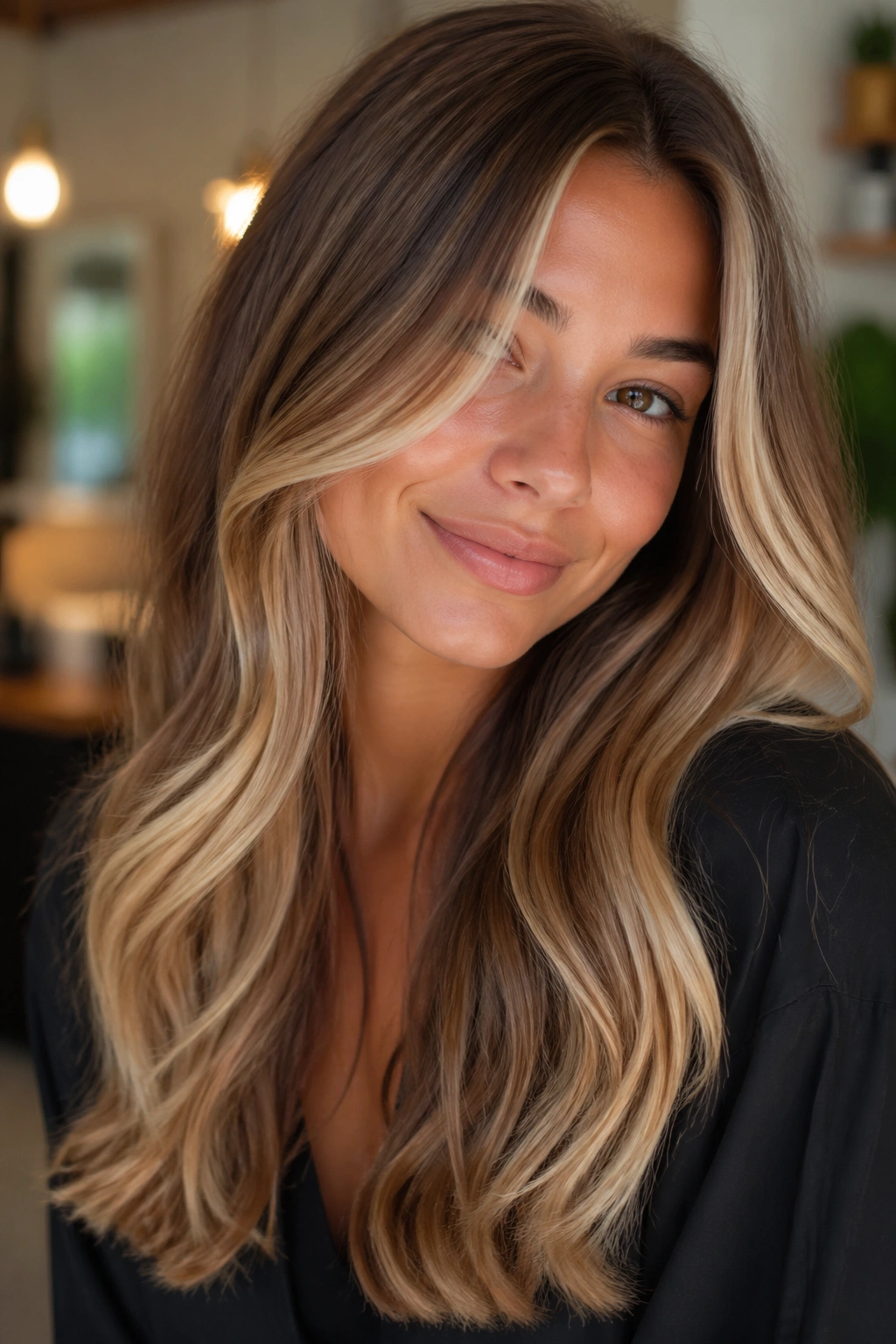 Close-up of buttercream ribbons in front and ends of light brown hair