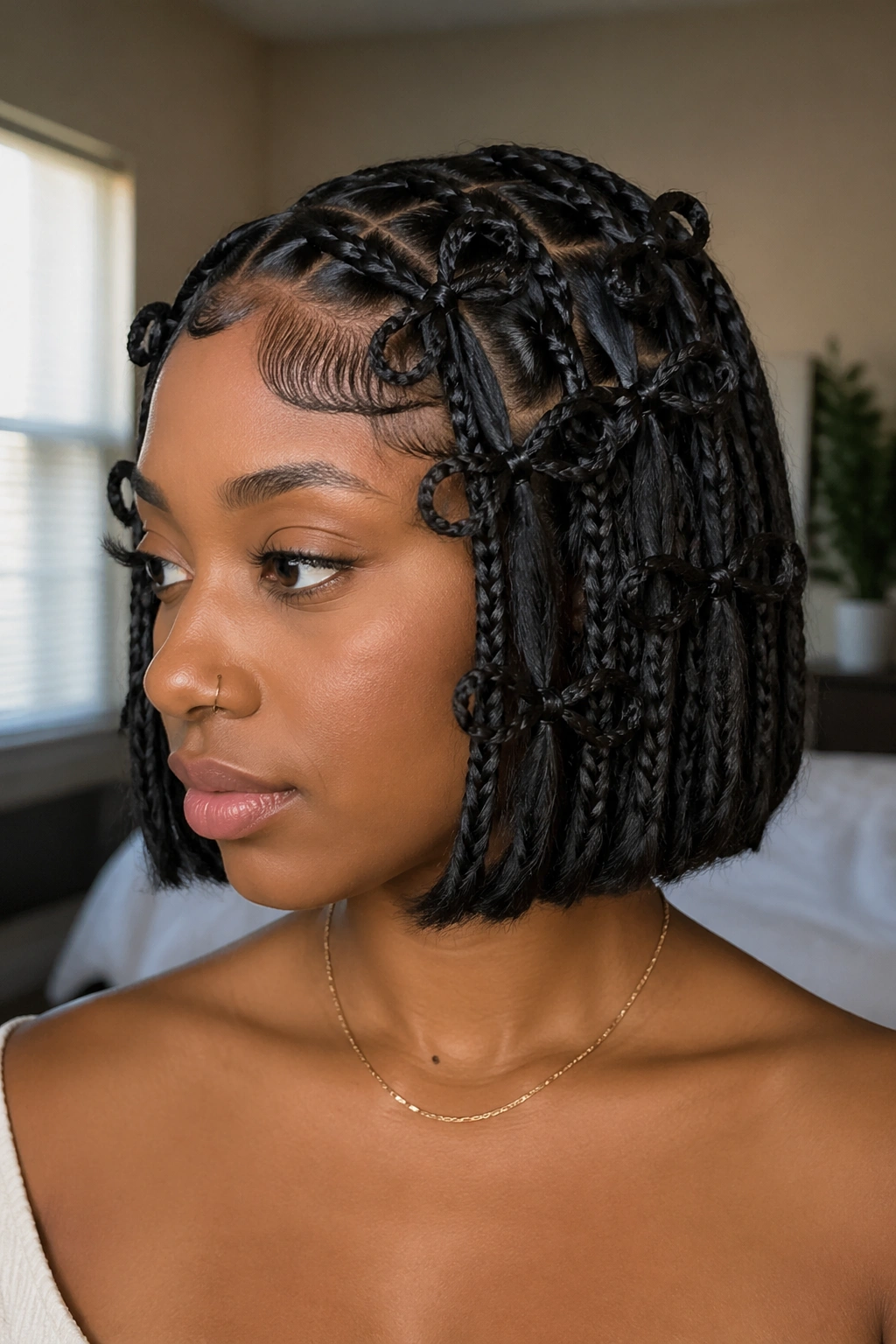 Close-up of a real woman with chin-length butterfly braid bob in natural window light