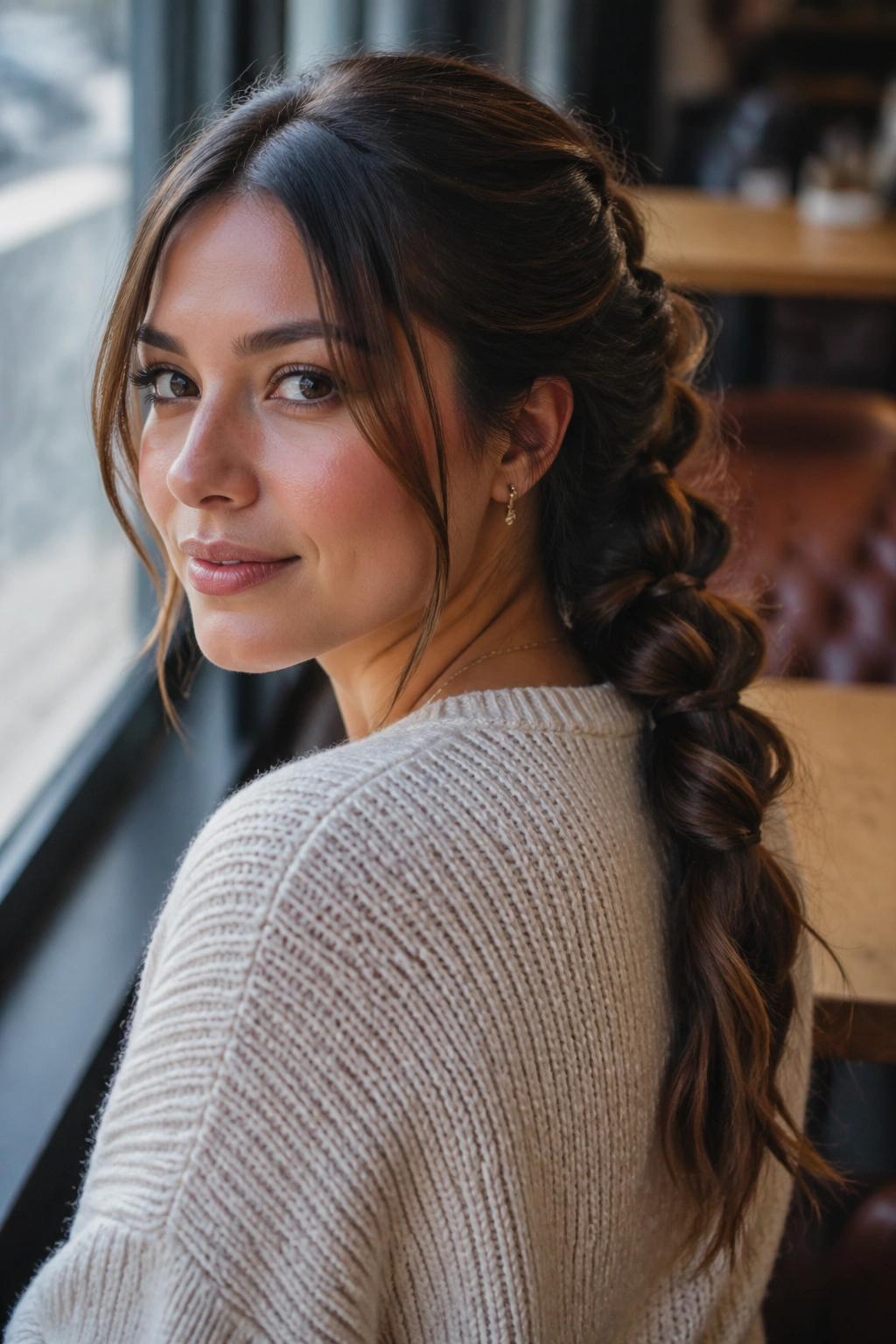 Close-up portrait of a real woman with a loose butterfly braid ponytail for everyday wear