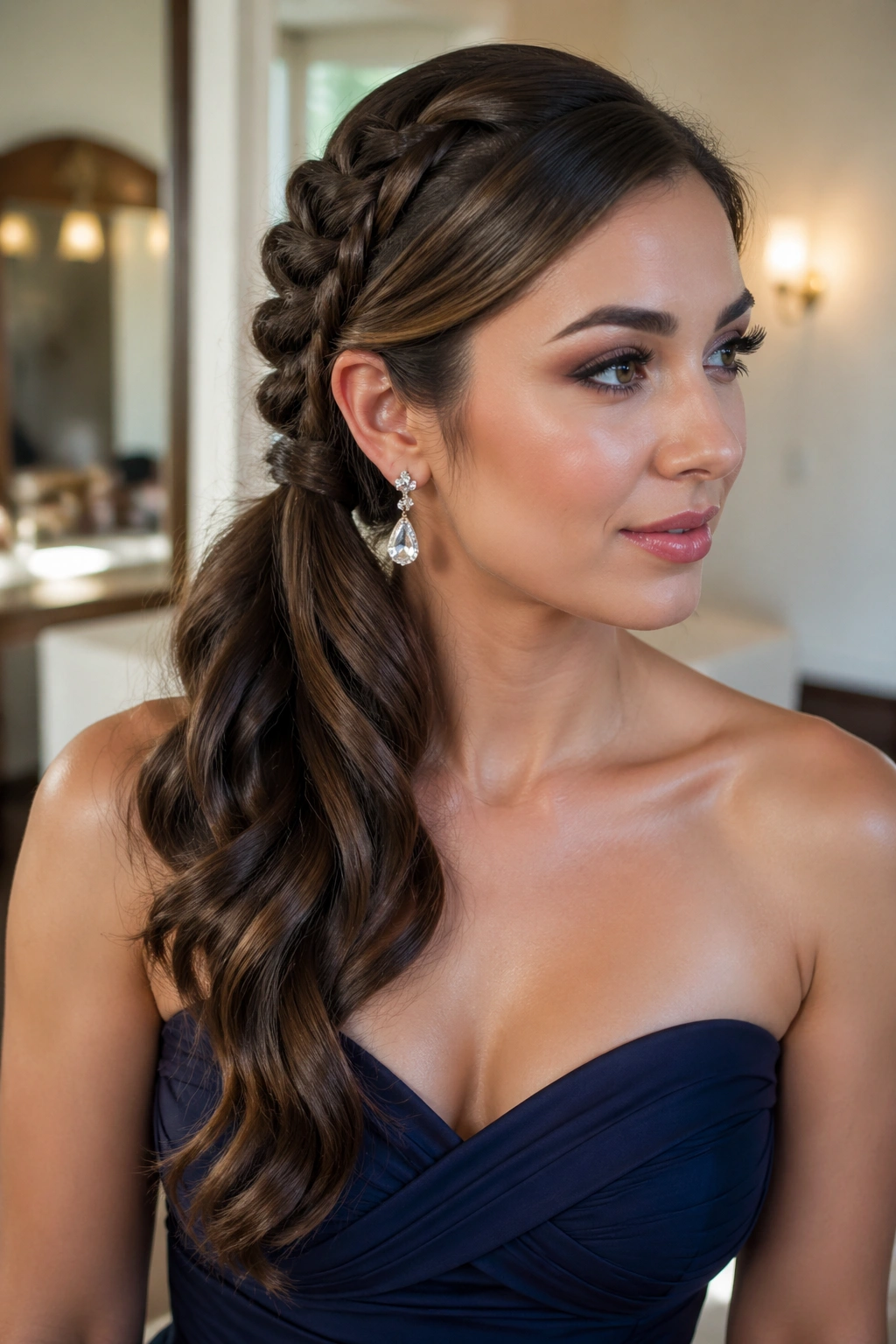 Close-up portrait of a real woman with a low side butterfly braid ponytail behind the ear, formal wear