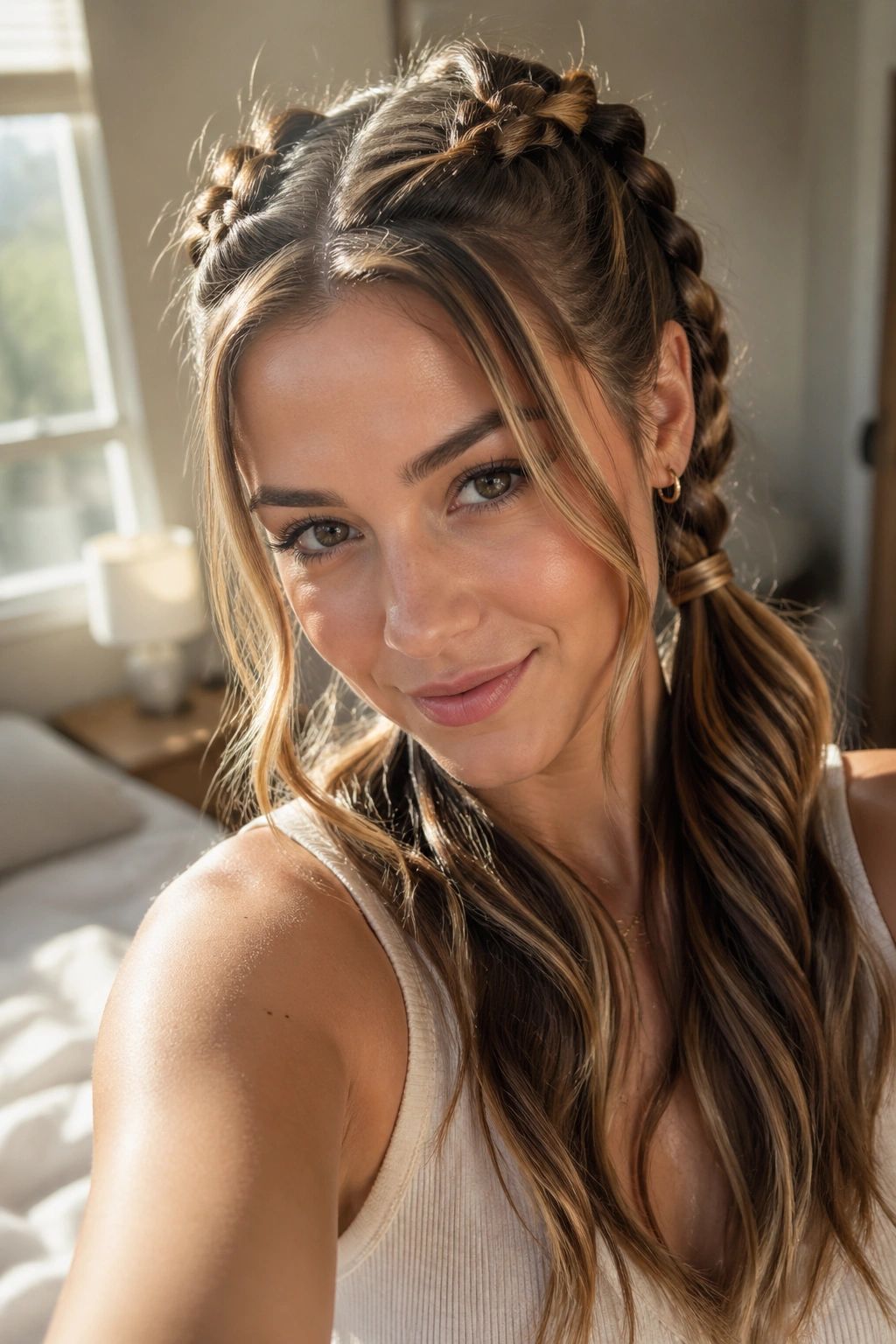 Close-up of a real woman with two butterfly braids split crown and low ponytail in warm window light