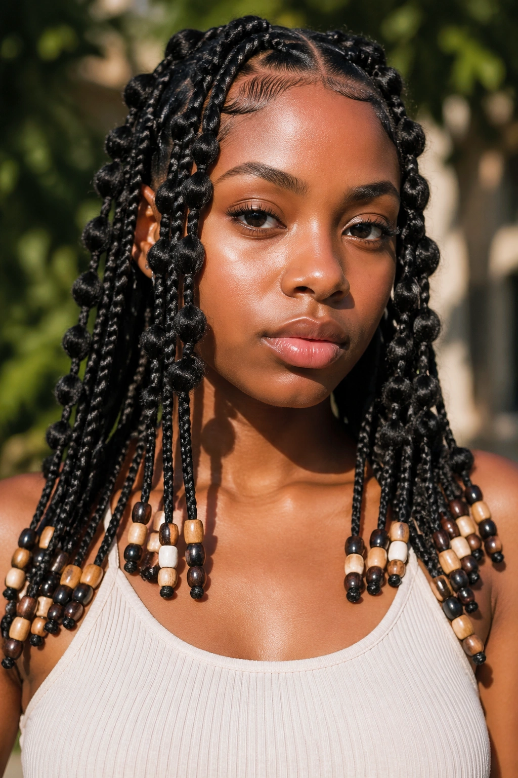 Close-up of butterfly braids with beads on real person in natural light
