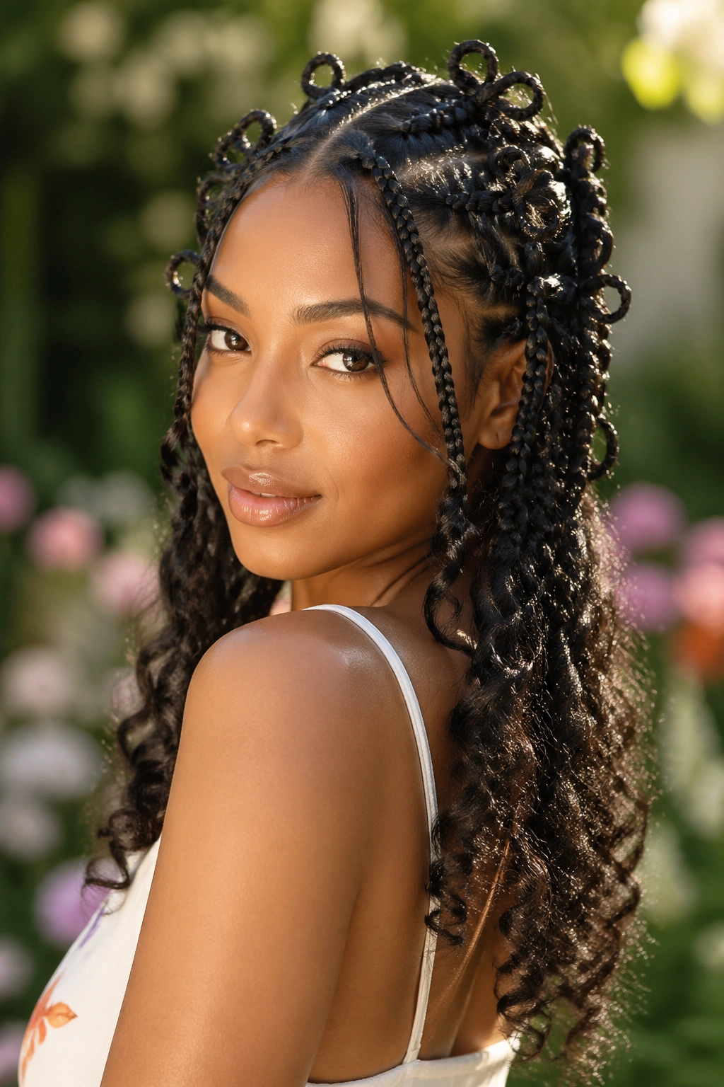 Real person wearing butterfly braids with curly ends in a sunlit outdoor garden