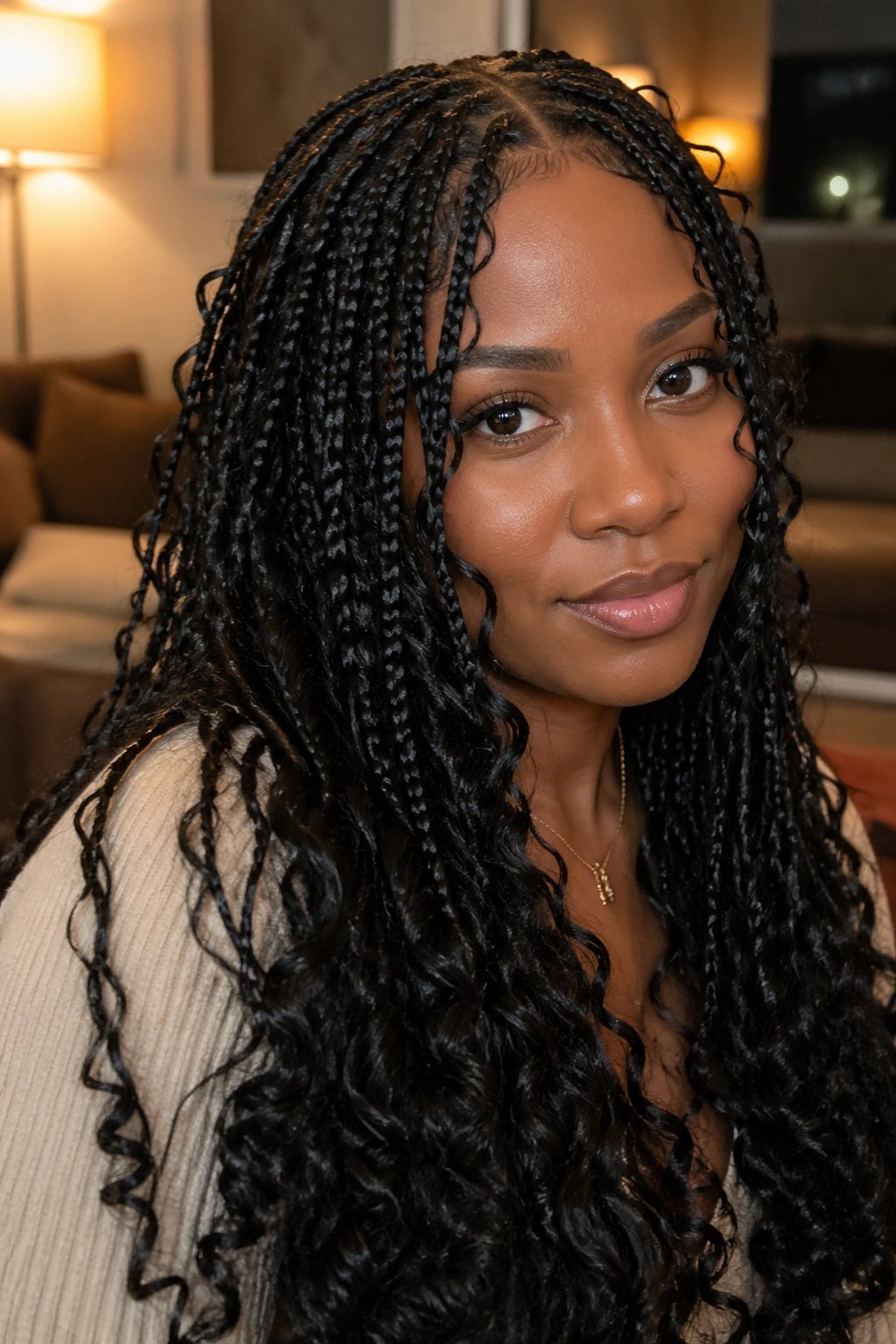 Real woman with butterfly braids ending in curls under warm evening light