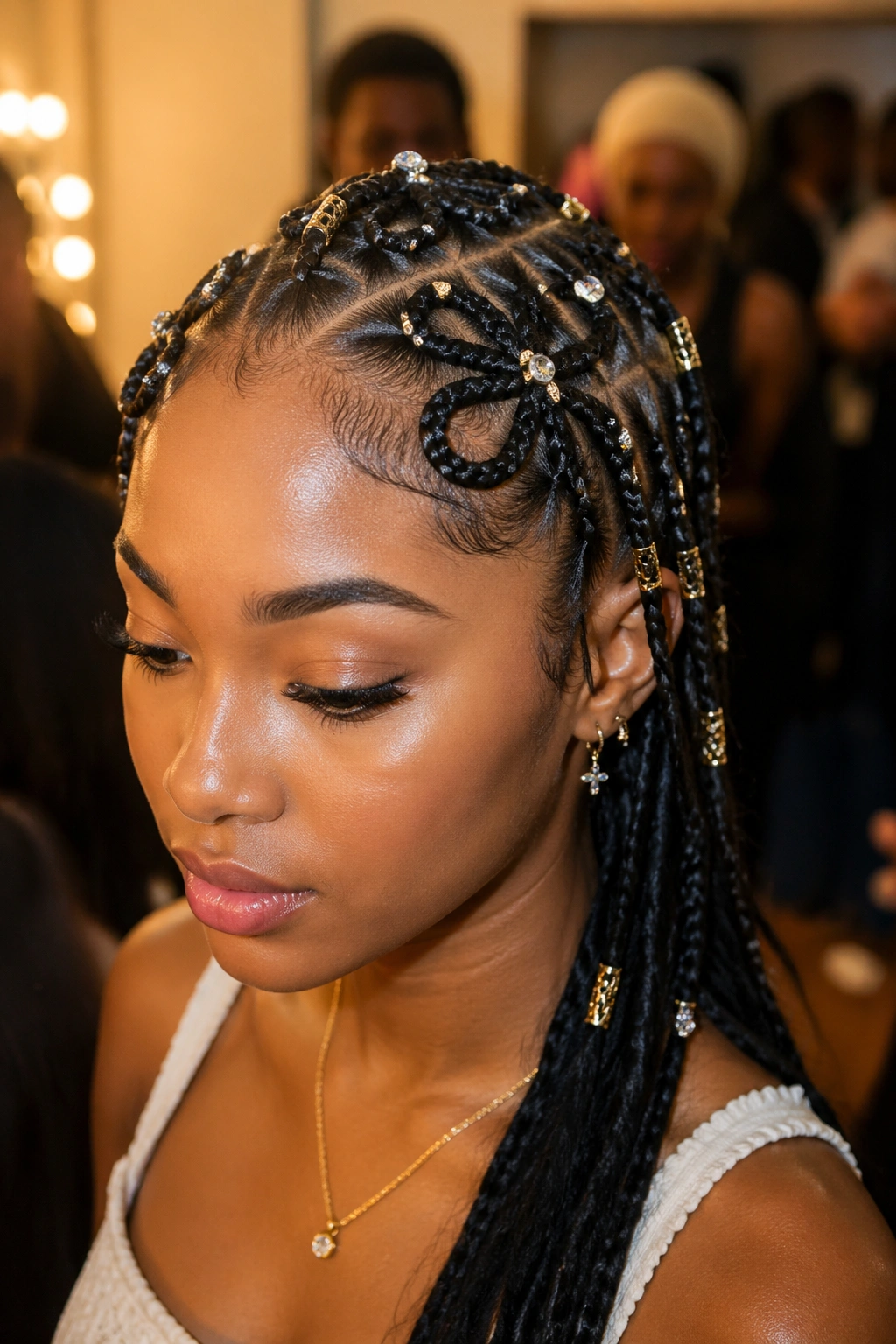 Close-up of butterfly braids with gems and hair jewelry