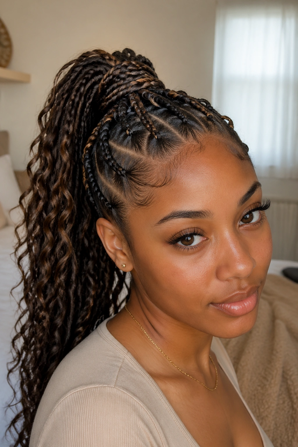 Close-up of a real woman with butterfly braids pulled into a high ponytail under natural window light