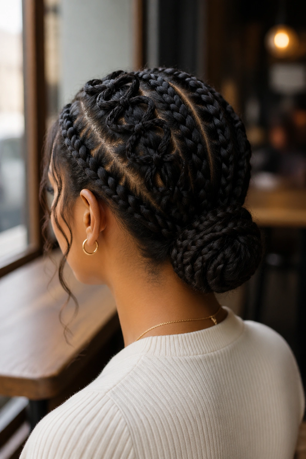 Close-up of butterfly braids gathered into a low bun at the nape