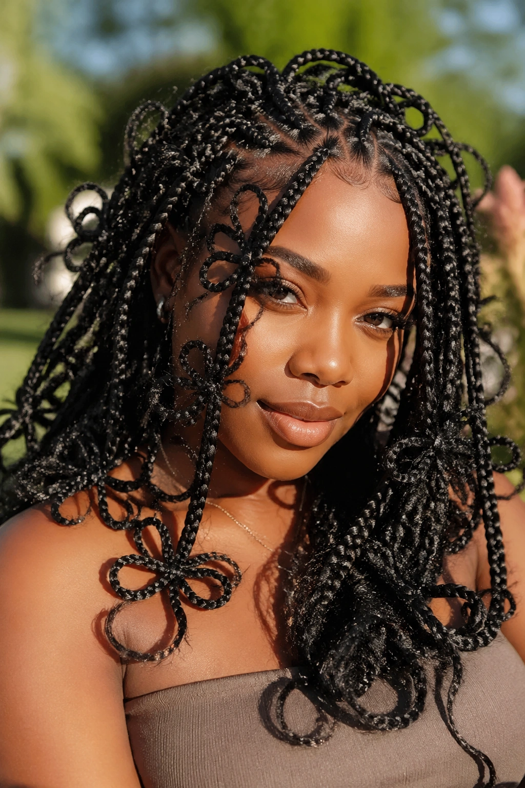 Real woman wearing butterfly braids with loops and texture in a sunlit garden.