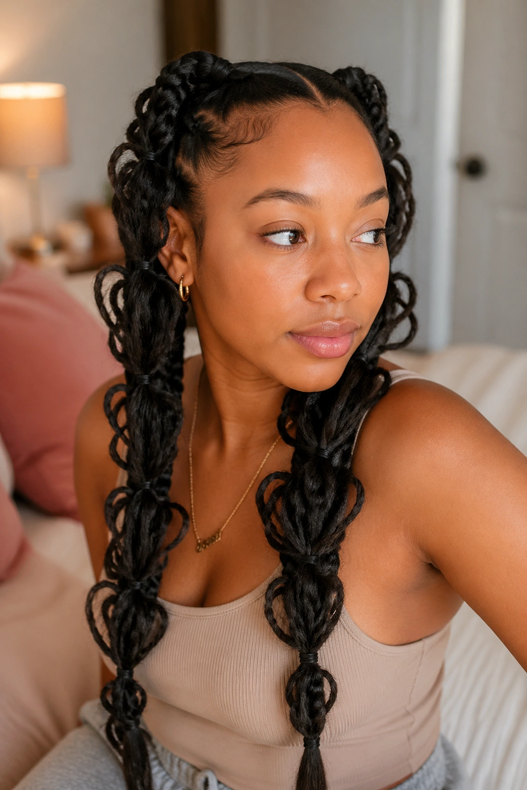 Close-up of a real person with classic butterfly braids and pulled-out wings in warm window light