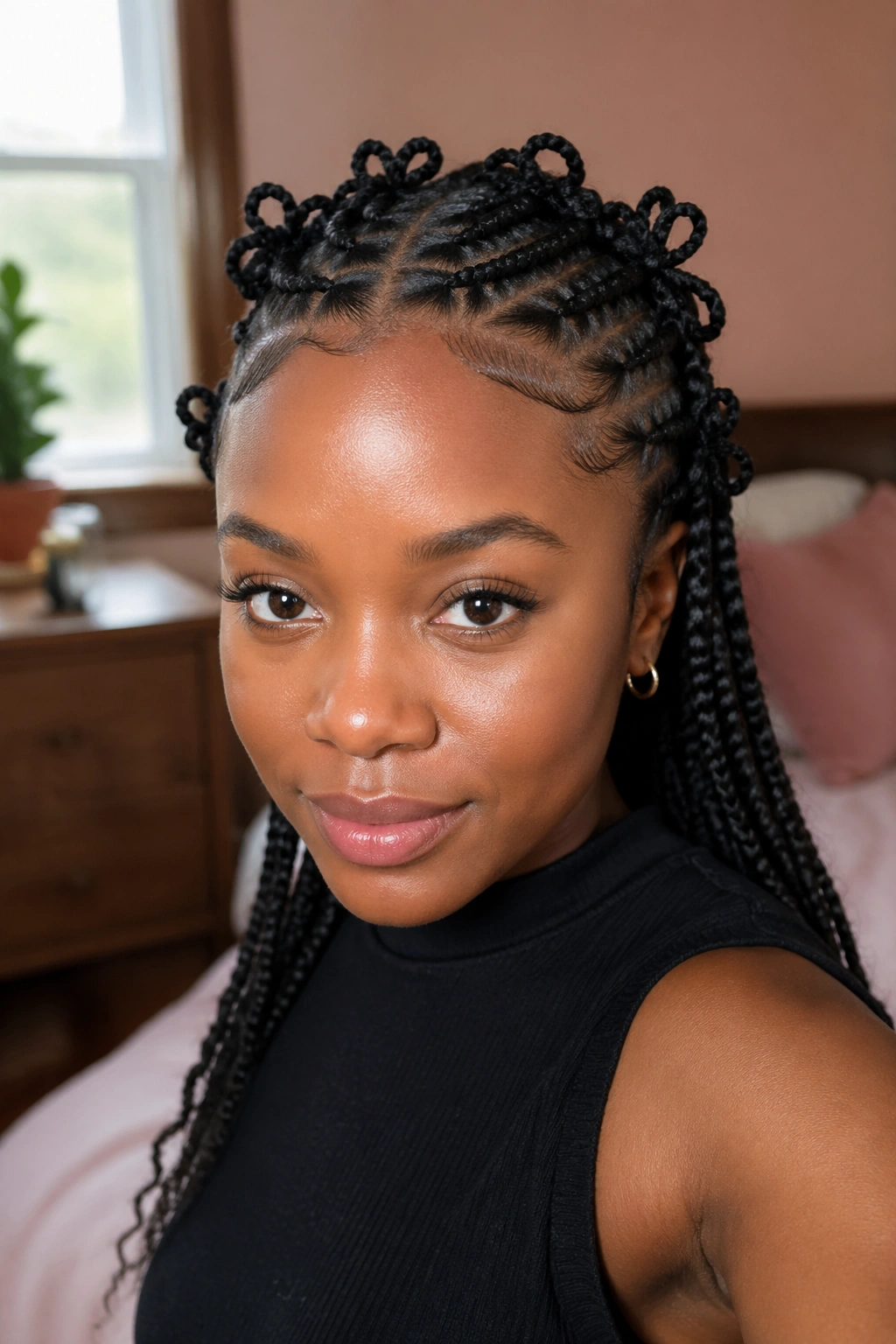 Close-up of a real woman wearing butterfly braids with defined loops and snug base in soft natural light.