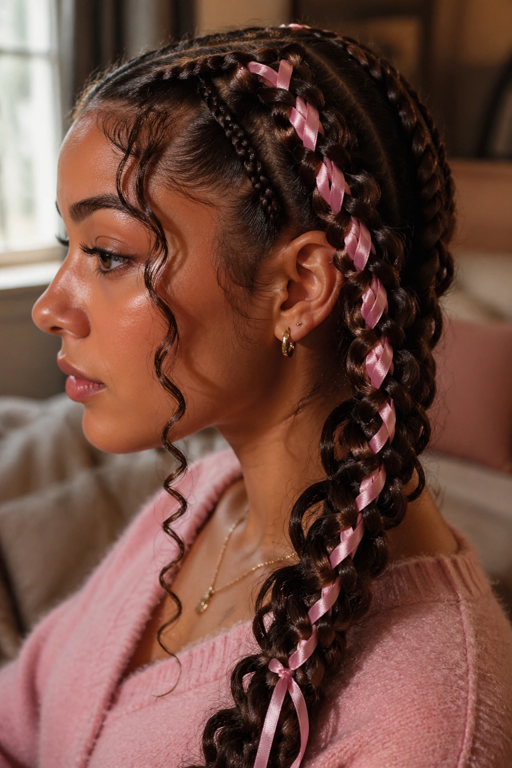 Close-up of butterfly braids laced with ribbon through one braid