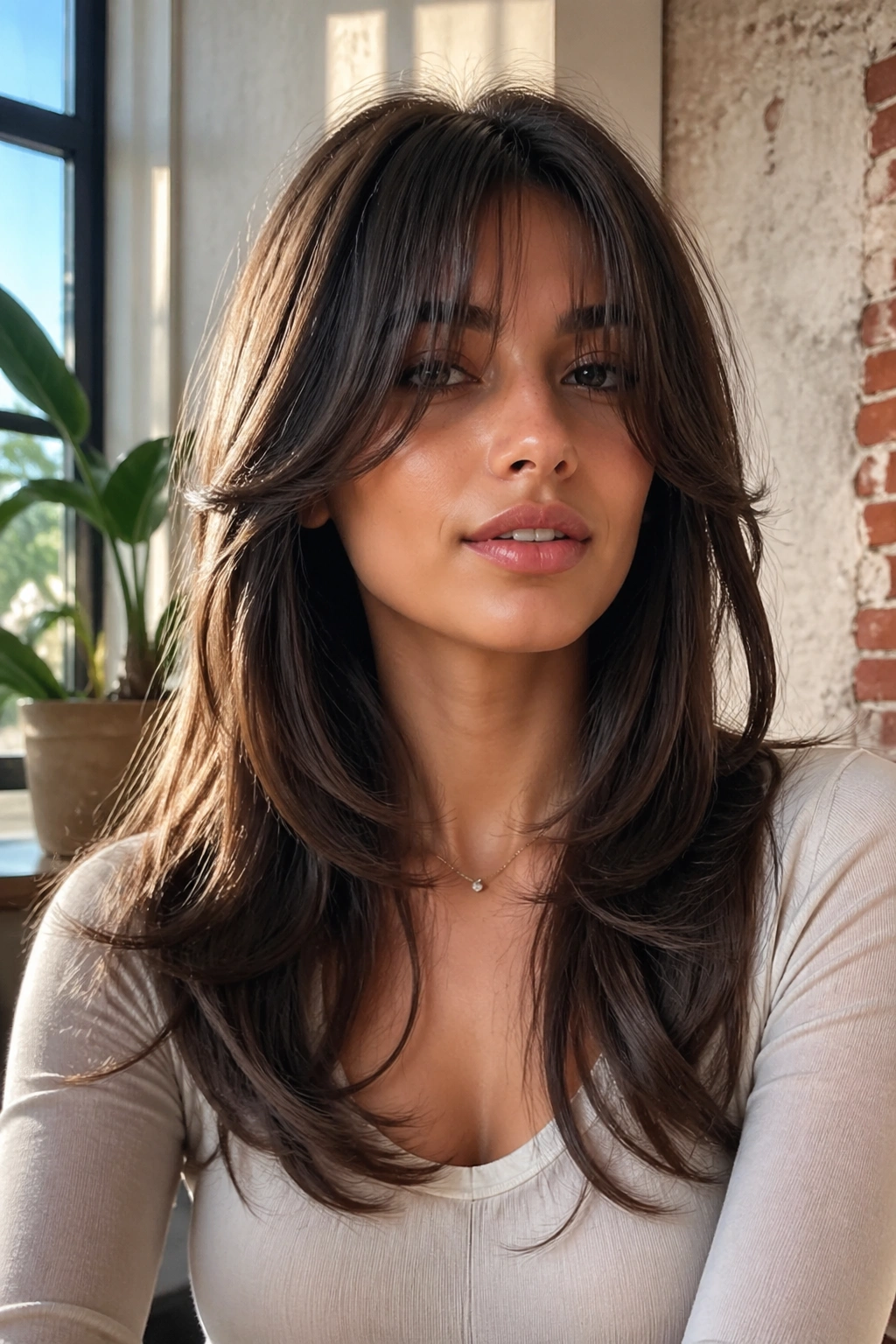 Close-up portrait of a real woman with butterfly cut and face-framing bangs by a sunny window