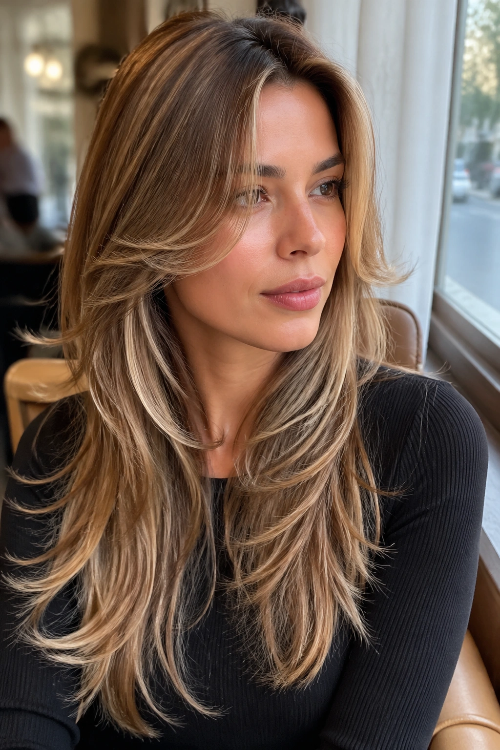 Close-up of a real woman with butterfly cut and honey blonde ribbons