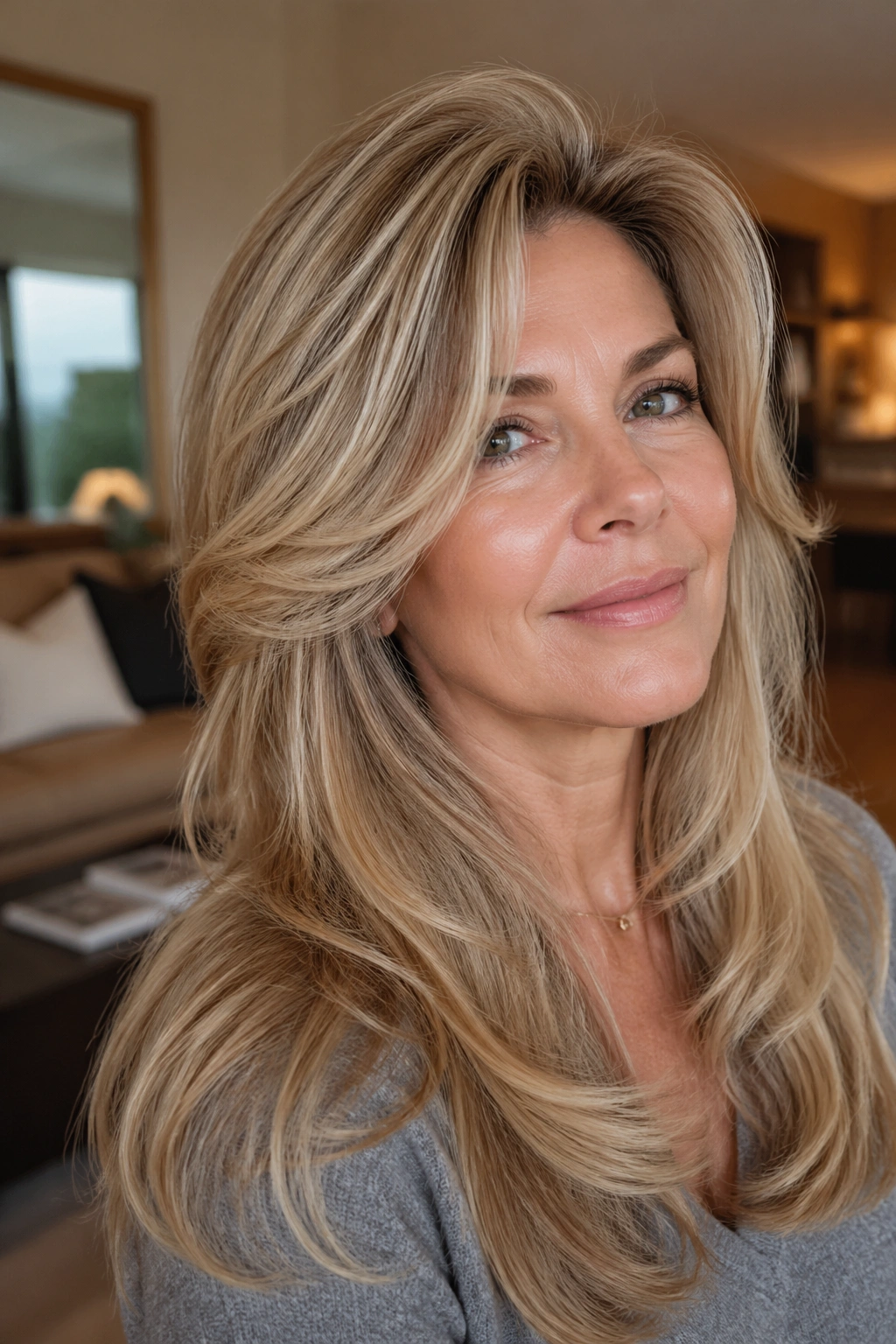 Close-up of a real woman with butterfly cut and soft volume on top, long hair underneath