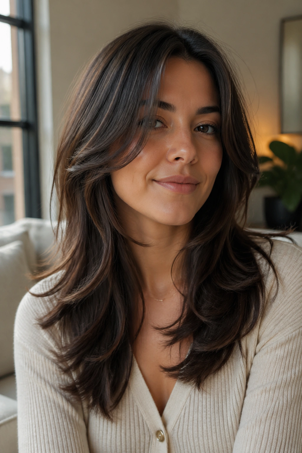 Close-up portrait of a real woman with butterfly layers around the face