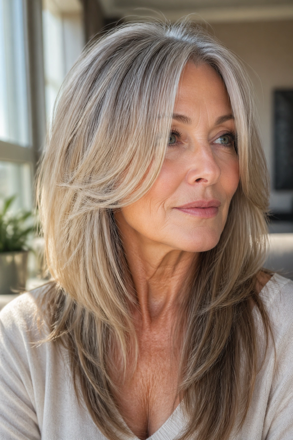 Close-up of a woman with butterfly layers framing her face in warm window light