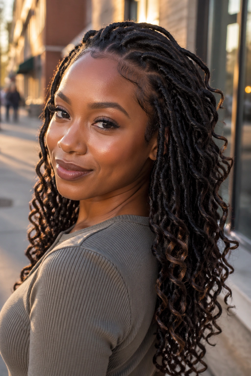 Close-up portrait of a real woman with butterfly loc crochet braids