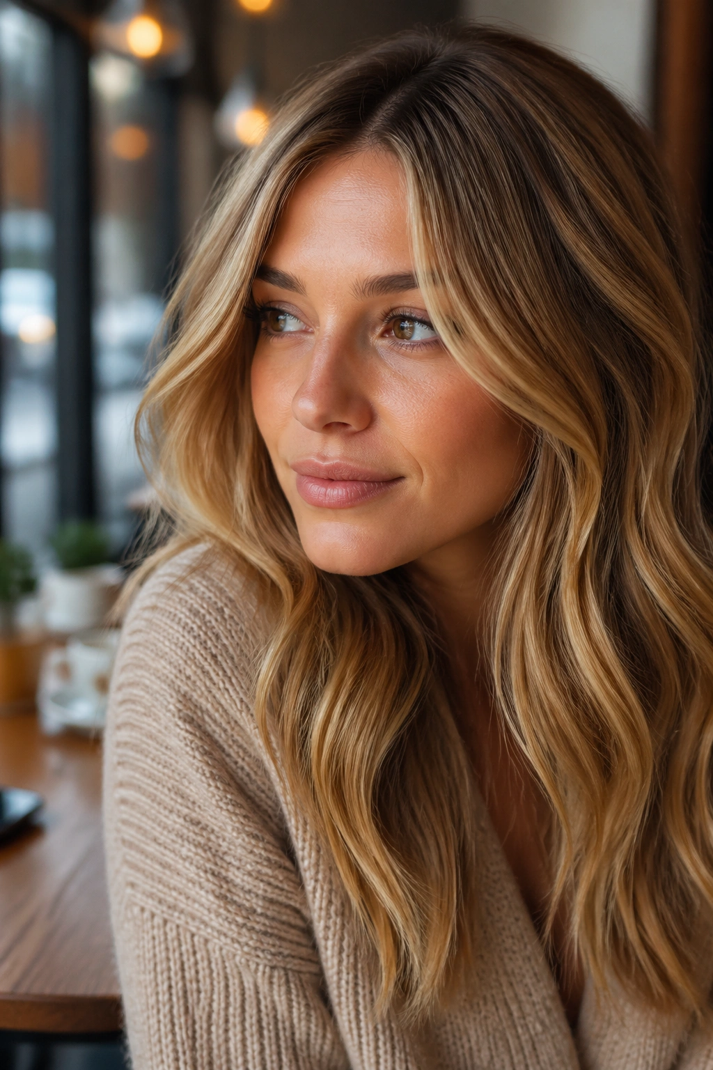 Butterscotch blonde hair on real person in cozy cafe light