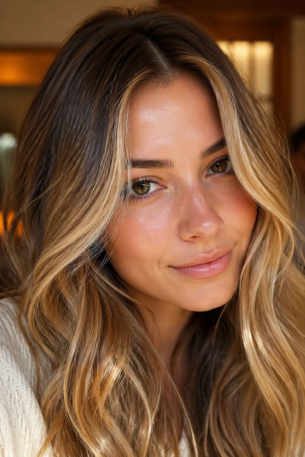 Close-up of a real woman with butterscotch face-framing blonde around the face.