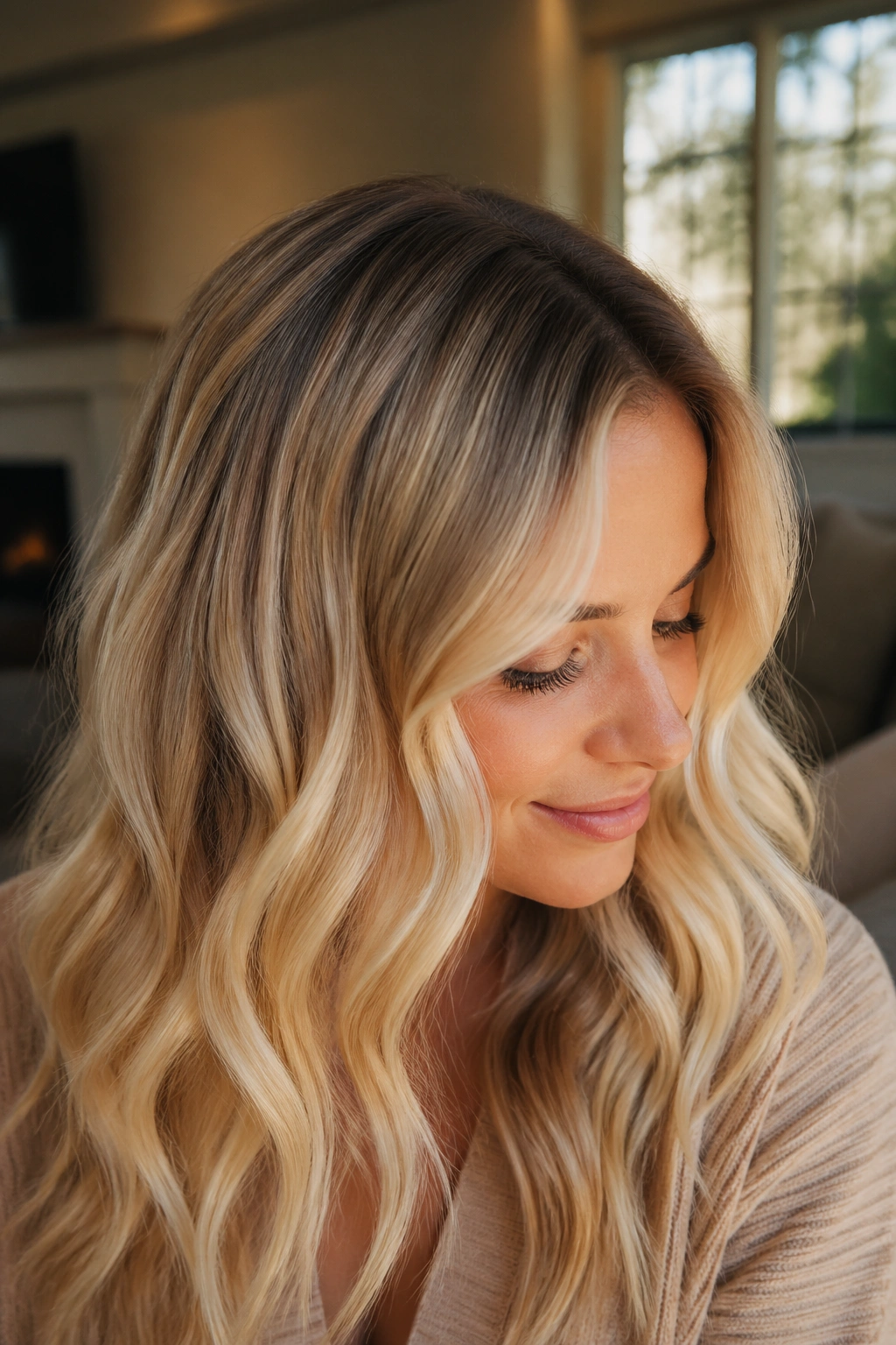 Portrait of a woman with buttery blonde waves and diffused root in warm living room light