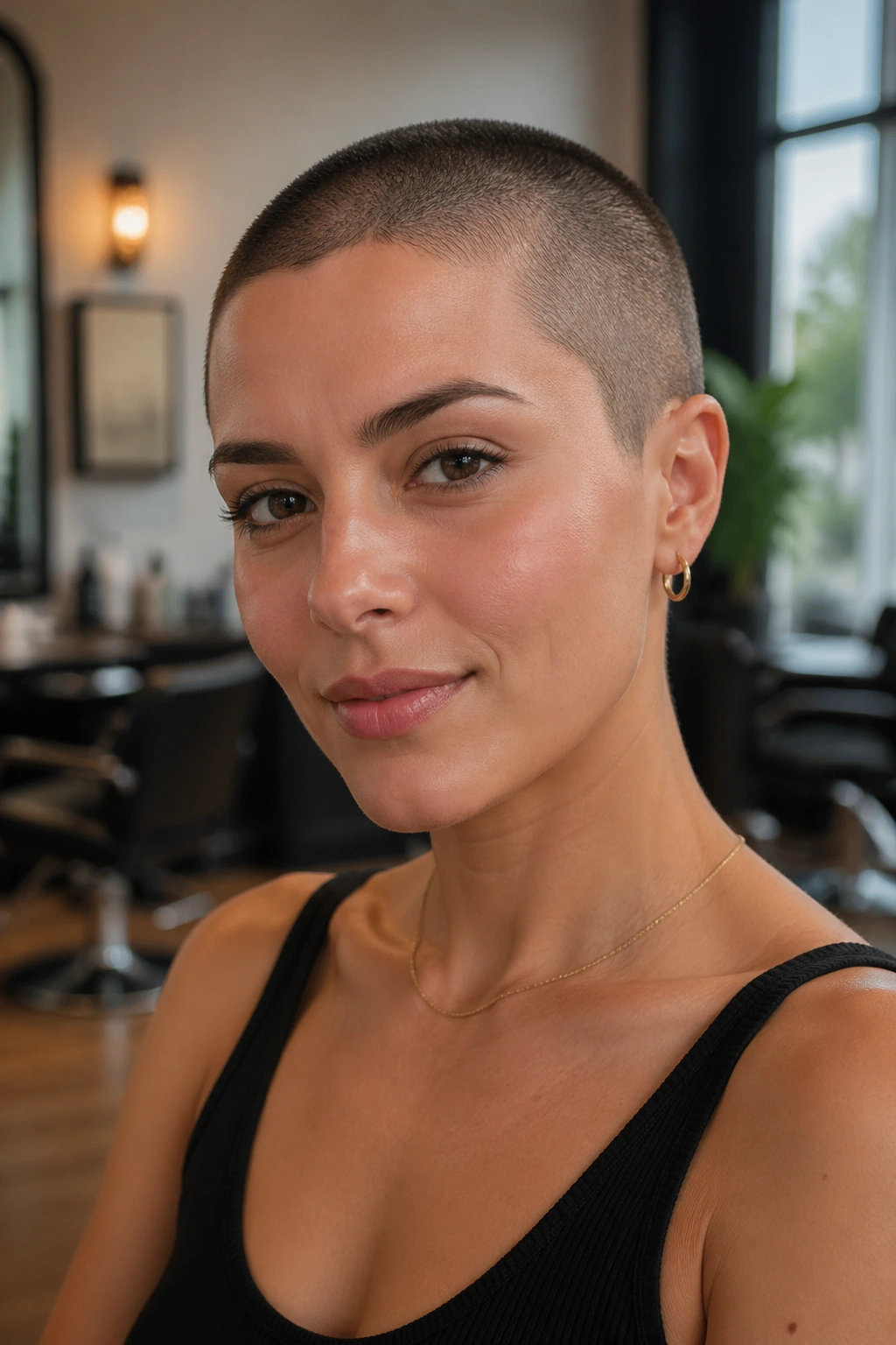 Close-up of a real woman with a classic buzz cut highlighting bone structure