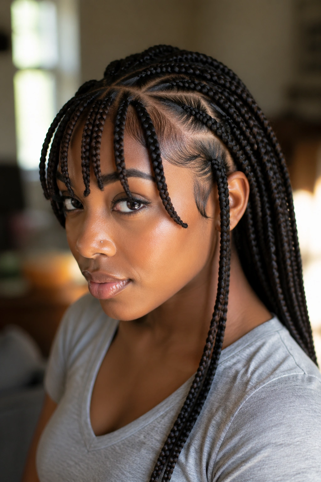 Real person with a C-shaped face-framing part in front braids.