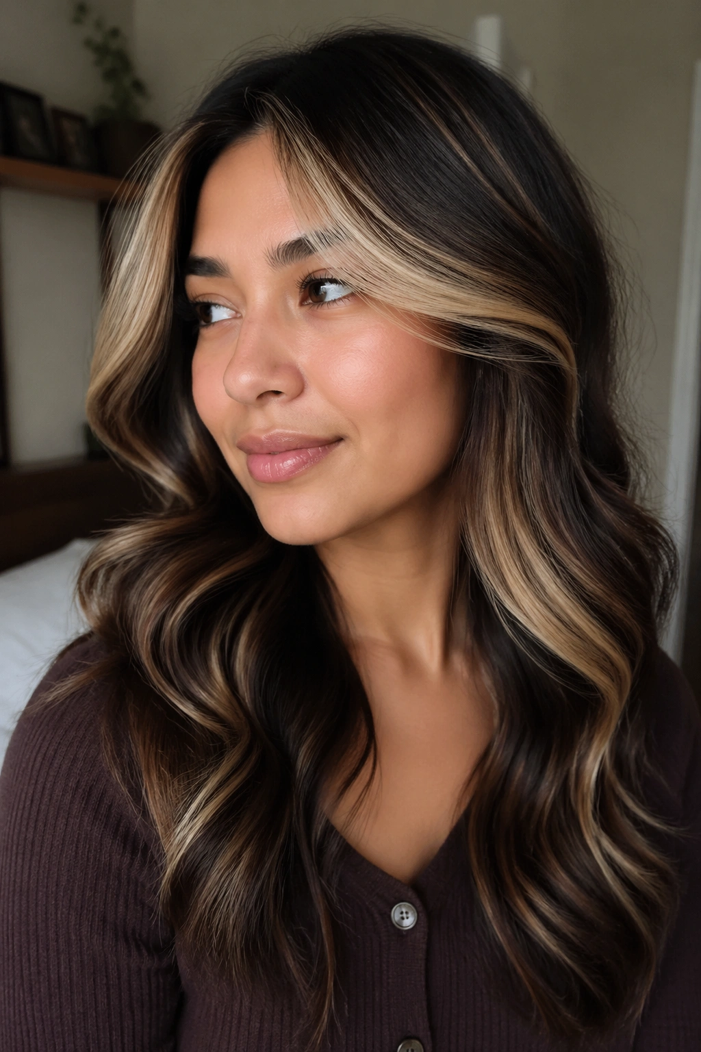 Close-up of a real person with espresso mocha cream calico hair in a cozy indoor setting